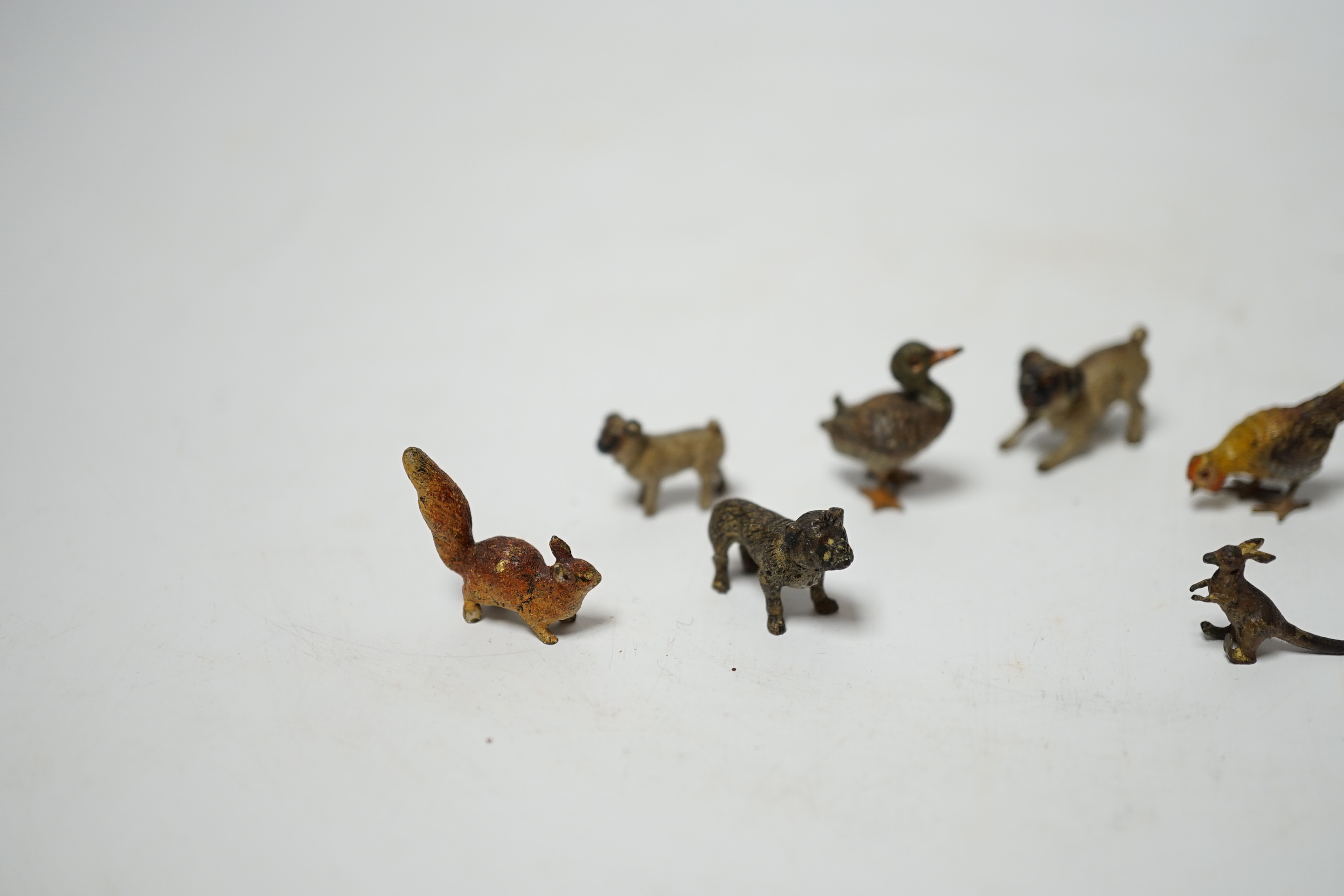 Seven tiny Austrian cold painted bronze animals, squirrel 2cm tall